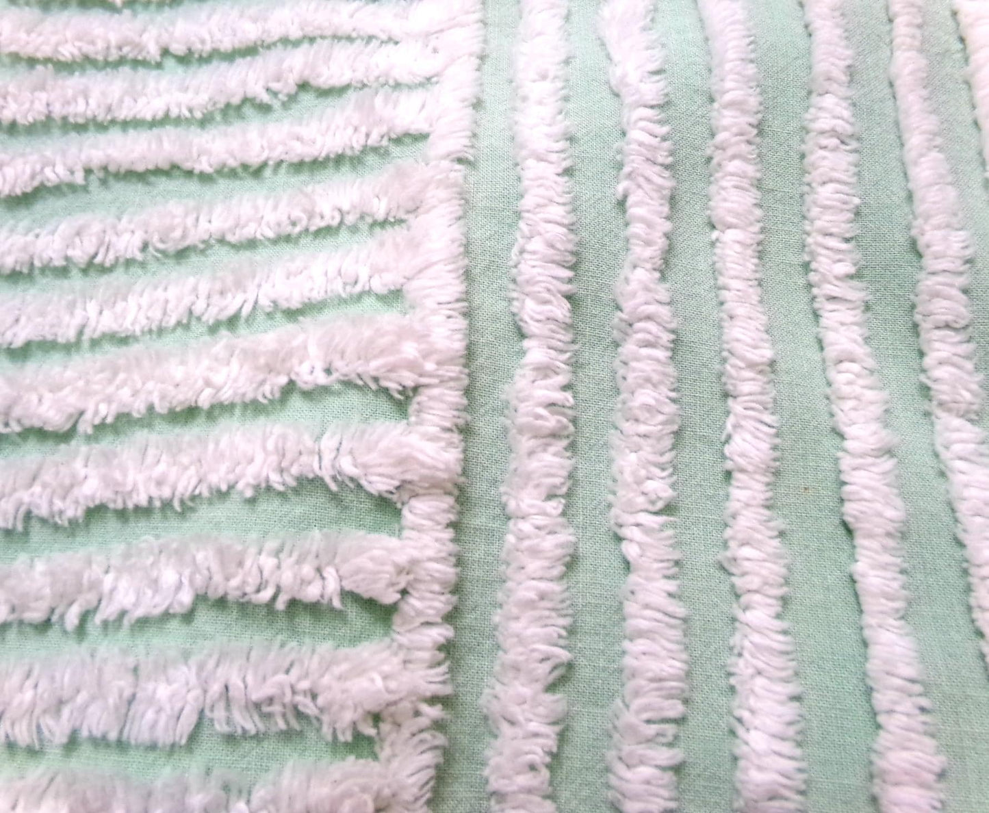 Vintage Mint Green Chenille Bedspread Fabric, White Multidirectional Stripe 24x21"