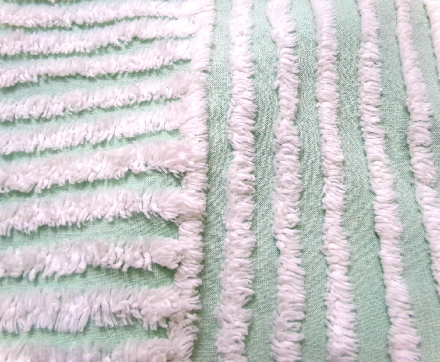 Vintage Chenille Bedspread Fabric, White Multidirectional Stripe Mint Green 18x24"
