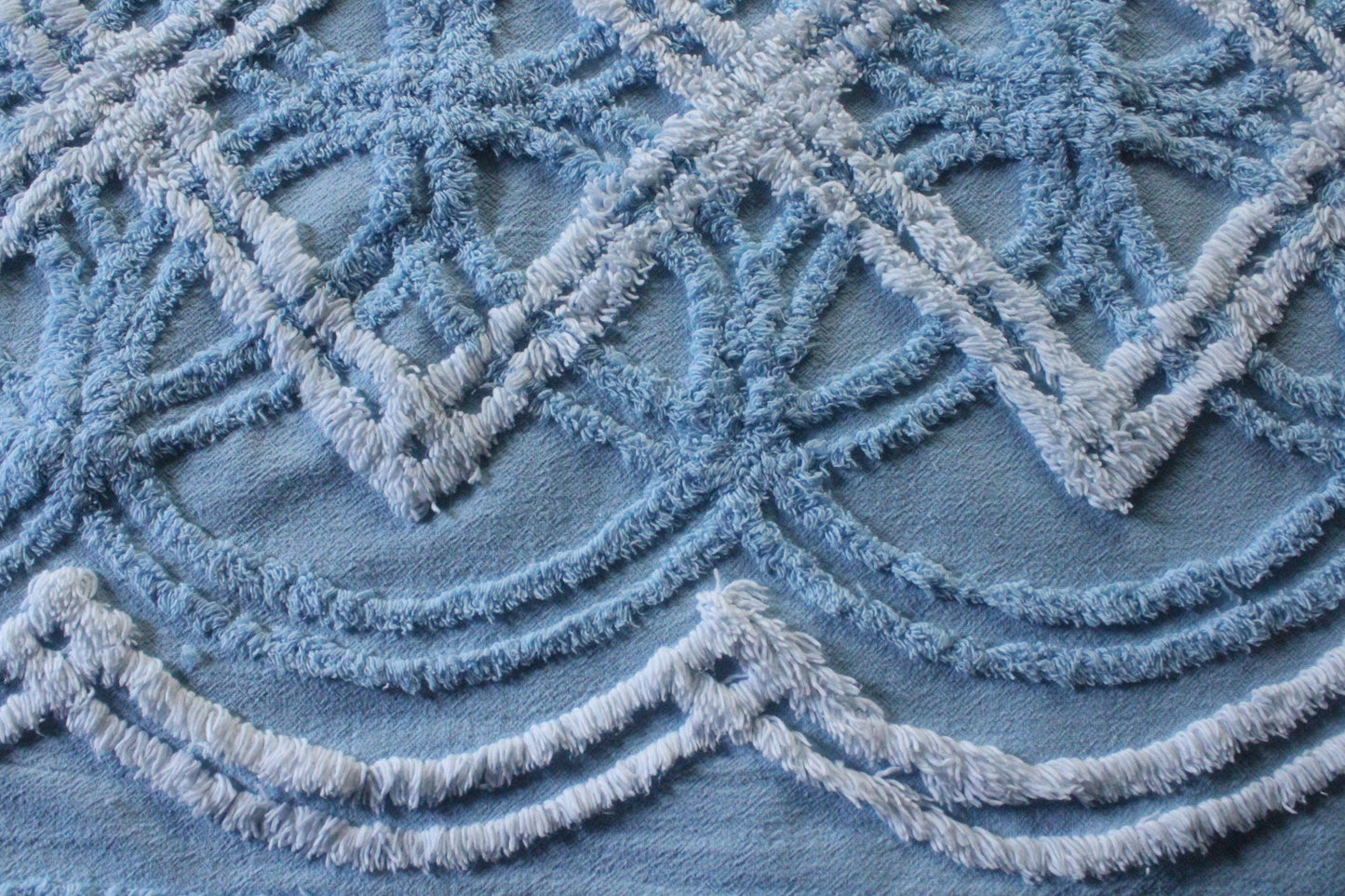 Breezy Coastal Vintage Style Chenille Fabric, 21" x 22" Inch Piece, Plush Sky Blue & White Geometric