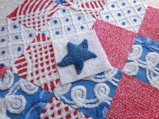 Americana USA colors 6" chenille squares, red, white & blue star set of 17 quilt blocks rotary cut from vintage chenille bedspread fabrics