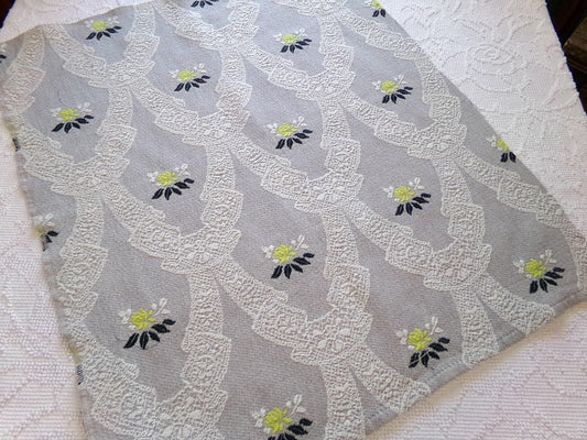 starlight silver swag vintage woven fabric piece, white lace designs, cool grey, chartreuse rose florals, reversible Bates design, 22" x 27"