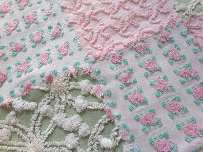 Vintage Patchwork Chenille Fabric Craft Panel, 16" Square, Cottage Style DIY Pillows