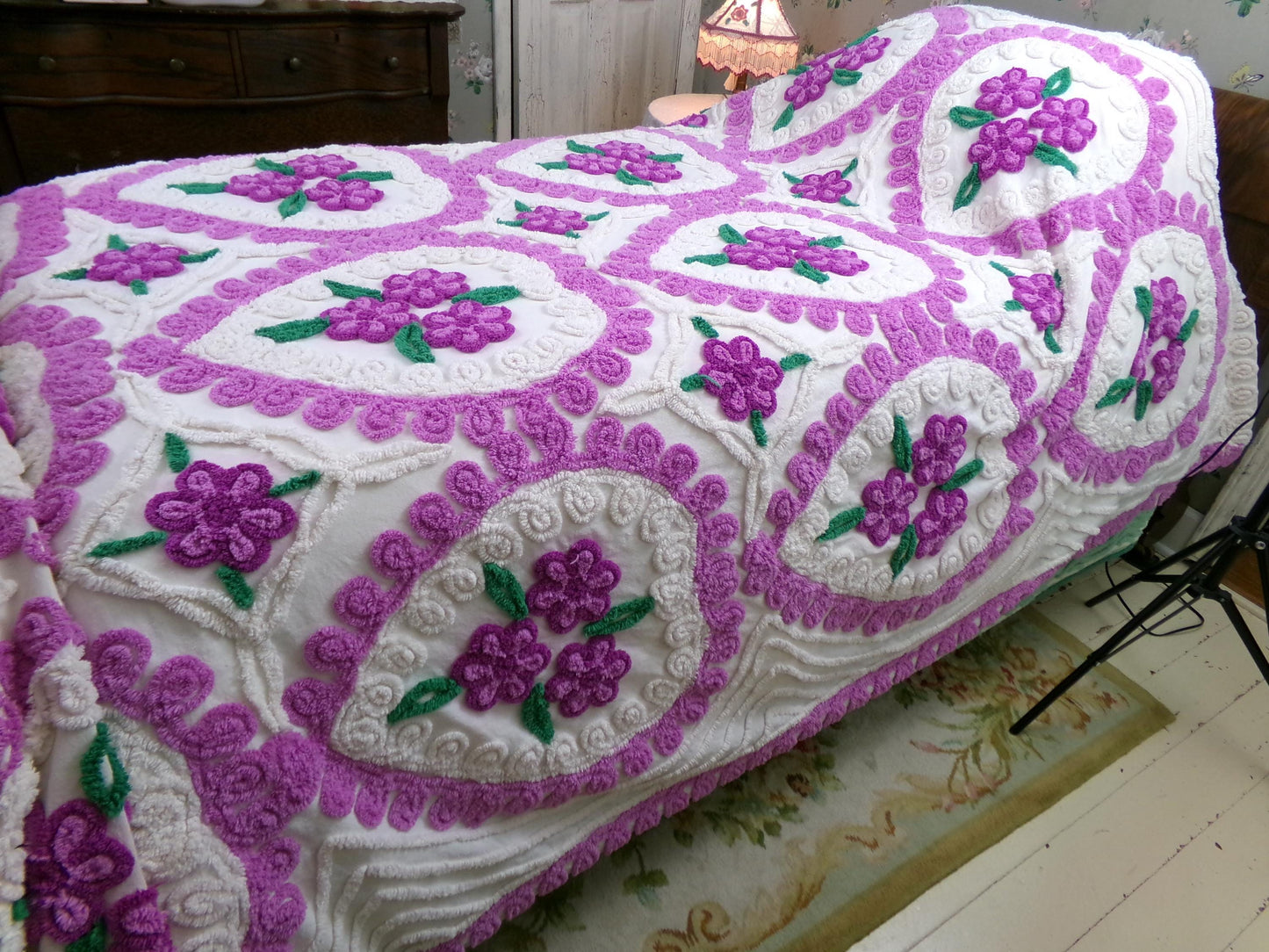 Vintage Chenille Bedspread Violets in Snow Heart Scrollwork White Cottage Bedding, FULL