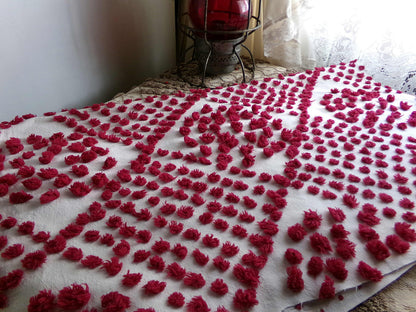 Magical "Ruby Slippers" Red Antique Chenille Fabric, 21" x 26" inch Piece, Vintage Handtuft Diamond Circle Puffs in Red Wine on White Cotton