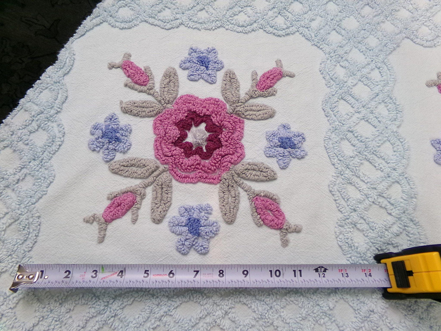 Ice Blue Vintage Chenille Fabric Double Tufted Rose Medallion Floral Lattice 23x36"