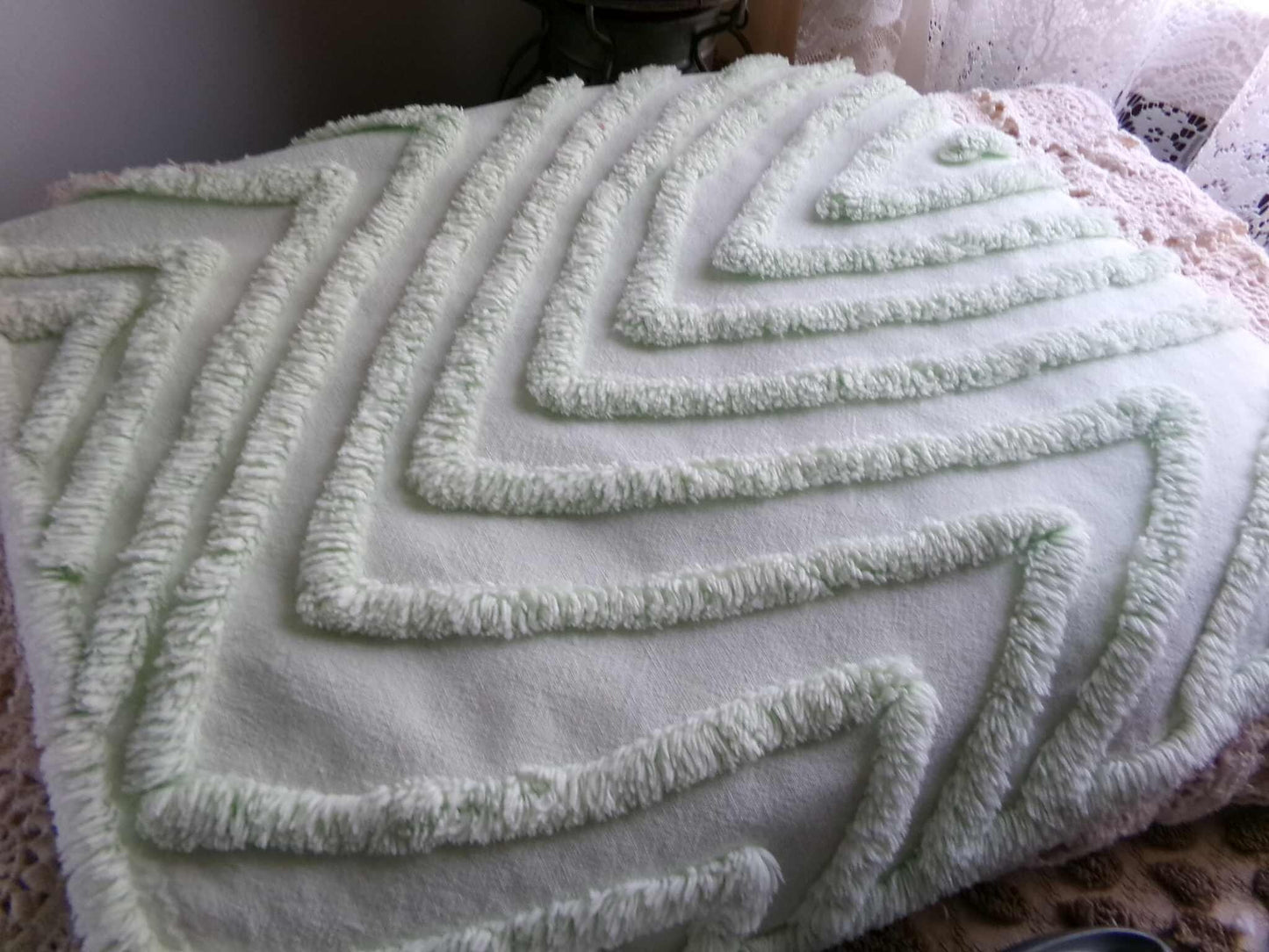 Mountain Peaks Vintage Chenille Fabric, Optic Green Design, 23" x 14" Inch Piece, Sewing Material for Quilts & Crafts