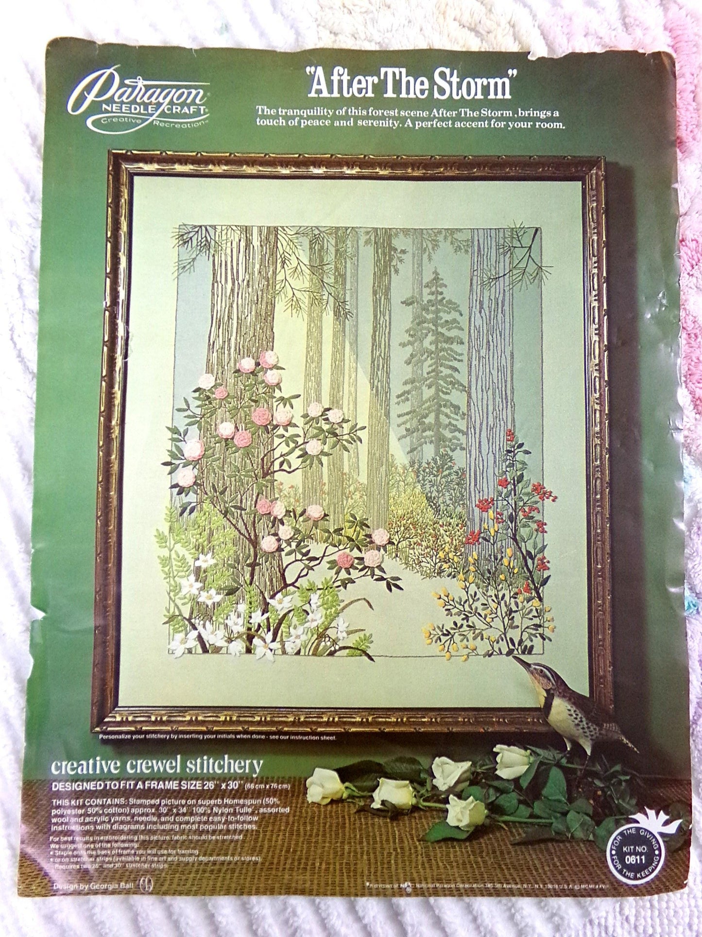 AFTER THE STORM Vintage Crewel Embroidery Kit Paragon Needlecraft #0611 ~ Hippie 70s Natural Woodland Wall Hanging, Georgia Ball Design