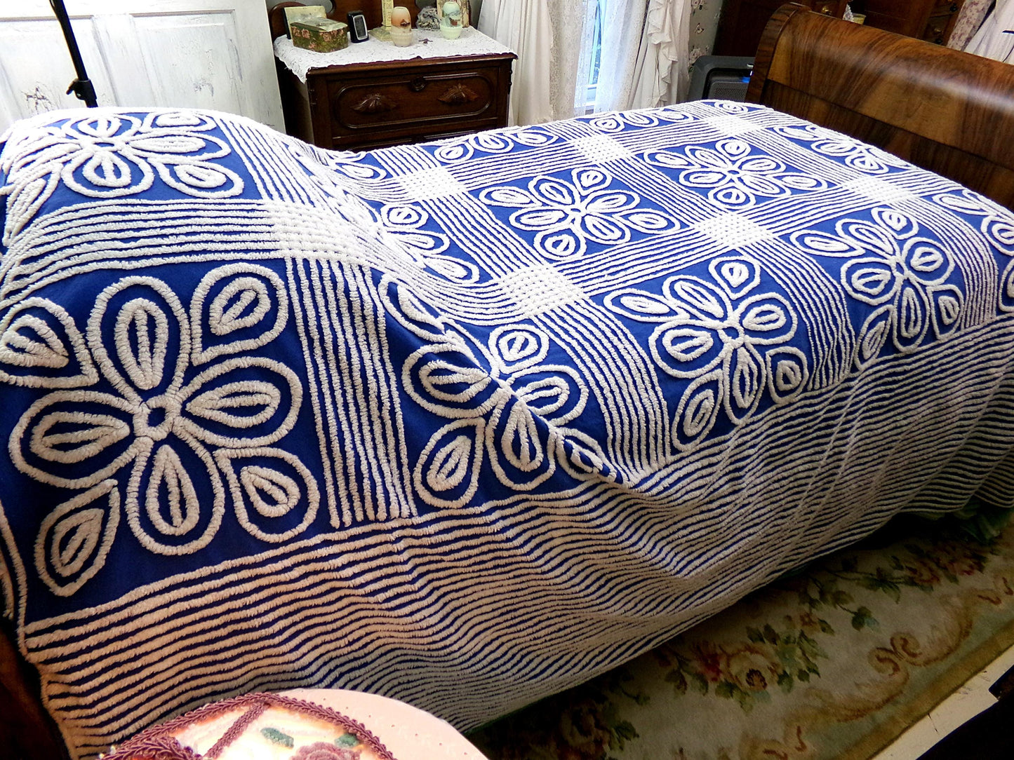 Vintage Mod Chenille Bedspread: Flower Power Bold Blue & White Shabby Cotton Full Size Bedding