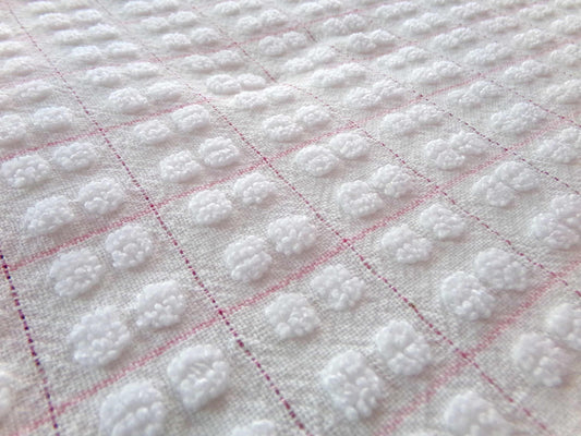 Vintage Chenille Quilt Fabric, Popcorn White Pink Grid Tufted Pops 18" x 24" Piece