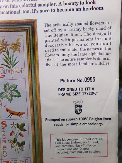 WILDFLOWER ALPHABET SAMPLER Crewel Stitchery Kit Vintage Paragon 0955 Embroidery