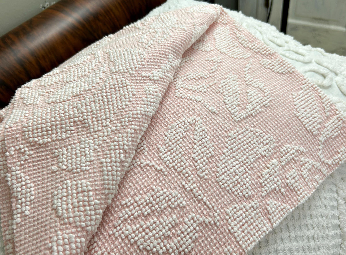 Pink Rose Vintage Chenille Fabric Piece Hobnail Cabbage Rose Reversible Shadow 18x24"