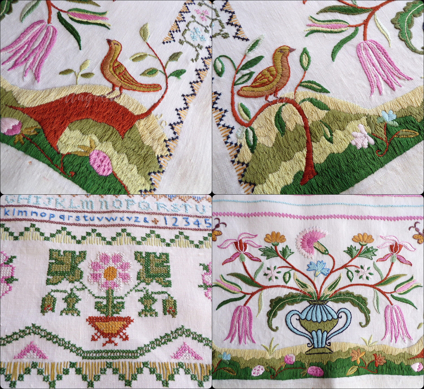 Shabby Vintage Linen Embroidery Sampler, Jacobean 1773 Cooper Hewitt Museum, 0860 Paragon Stitchery, Hand Embroidered, Completed
