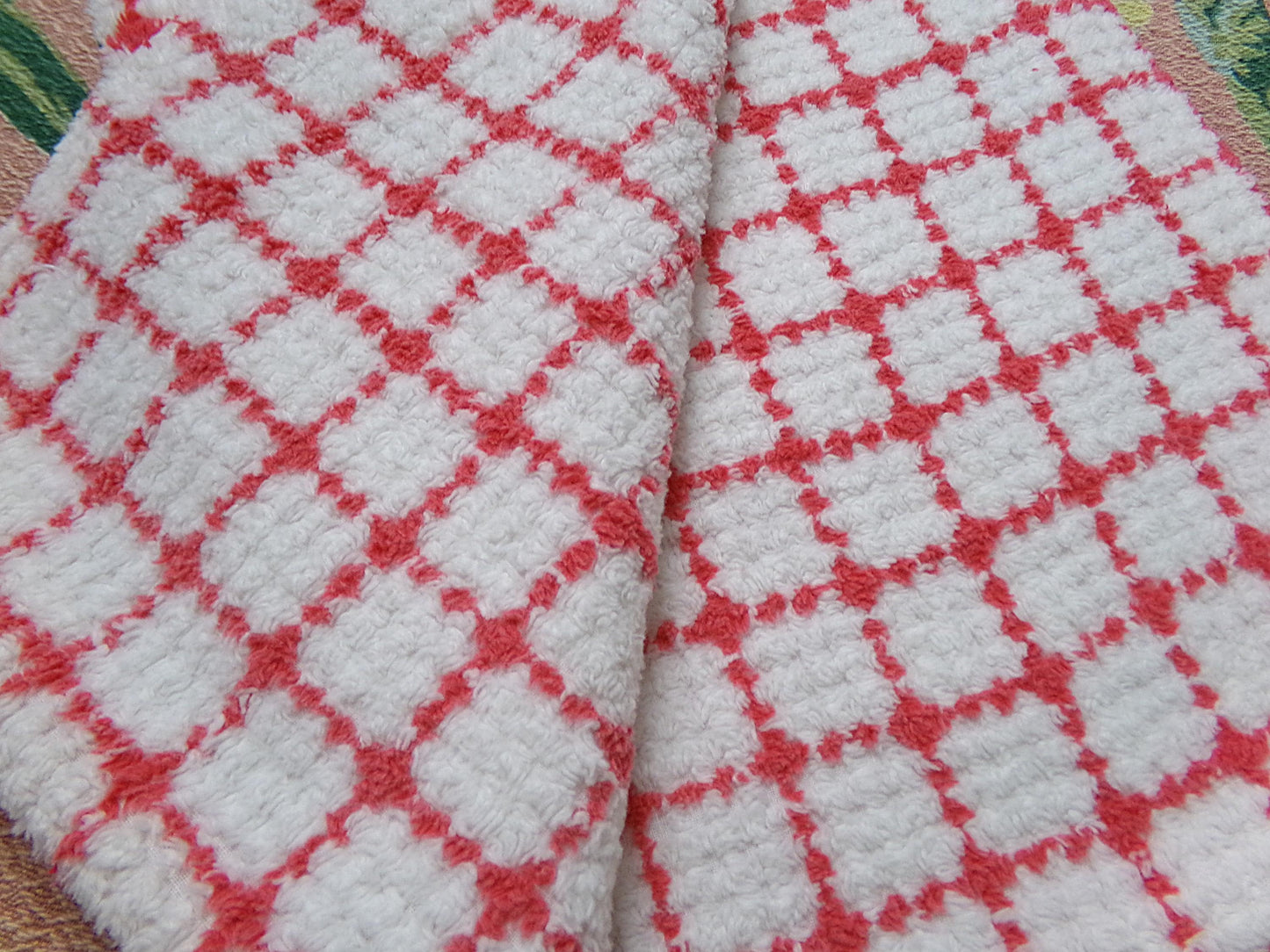vintage chenille bedspread fabric, small red & white plaid pattern, 19" x 24" cut piece for xmas stockings, Christmas quilts