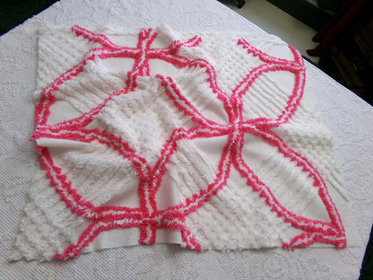 Vintage Hot Pink White Chenille Fabric: Geometric Pattern Retro Mid Century Textile Craft Quilting Supplies, 20" x 25" Piece