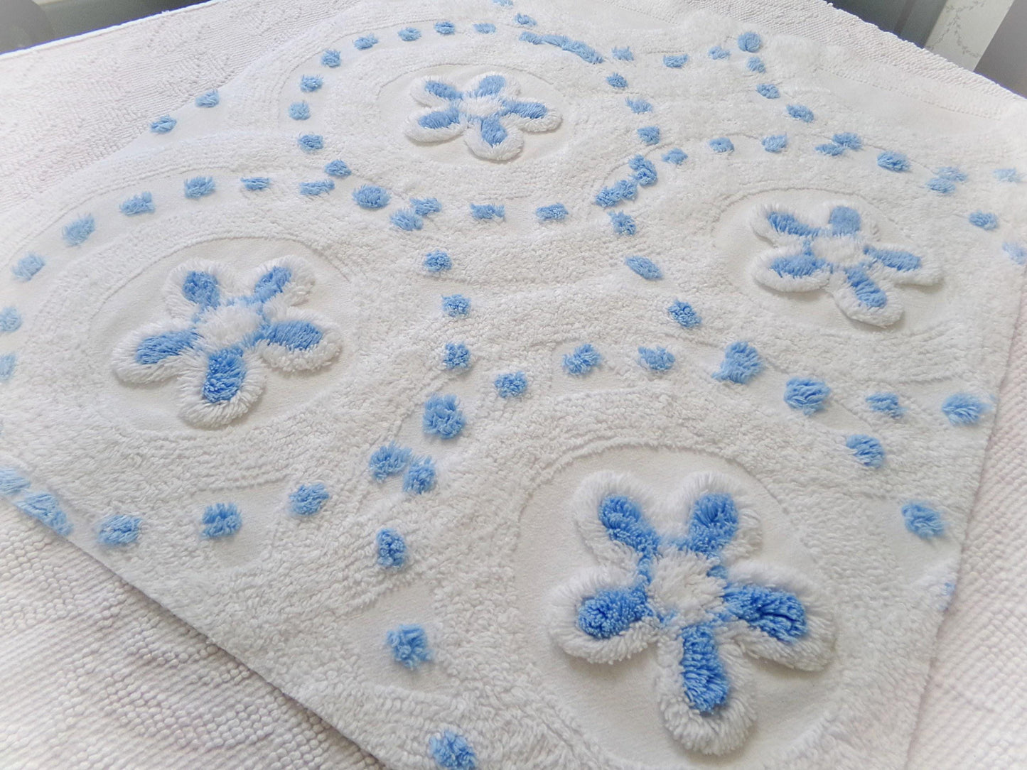 Boho Coastal Vintage Chenille Bedspread Fabric, Blue Circle Dot Flowers 24" x 20" Piece