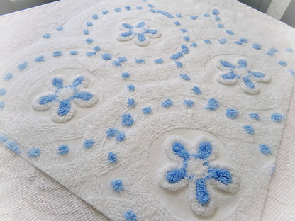 Boho Coastal Vintage Chenille Bedspread Fabric, Blue Circle Dot Flowers 24" x 20" Piece