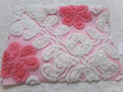 Strawberry Pink Vintage Chenille Fabric Whimsical Floral Quilt Material 21x21"