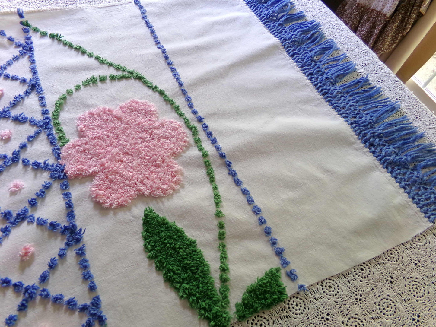 Jumbo Pink Flowers Vintage Chenille Material, 33" x 22" inch Fabric Piece, Blue Diamonds Tufts with Victorian Fringe Edge, Exquisite Design