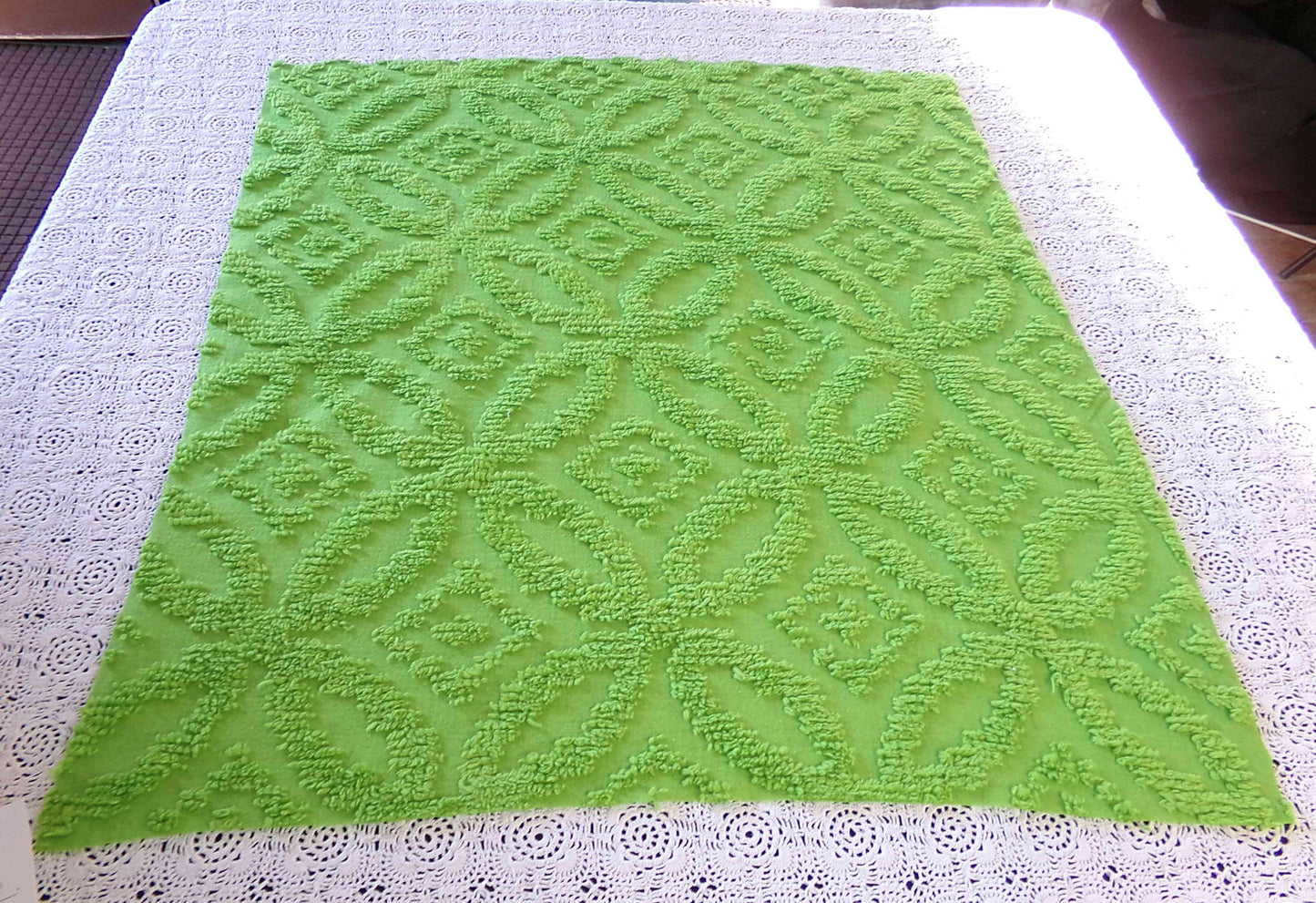 Vintage Neon Green Chenille Fabric Piece Lightweight Lime Cotton 22x24"