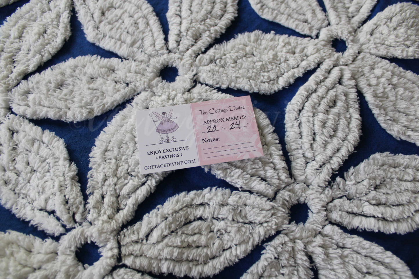 vintage chenille fabric, big beautiful white daisies on dramatic cobalt blue, 20" x 24"' inch piece, plush abstract coastal floral pattern