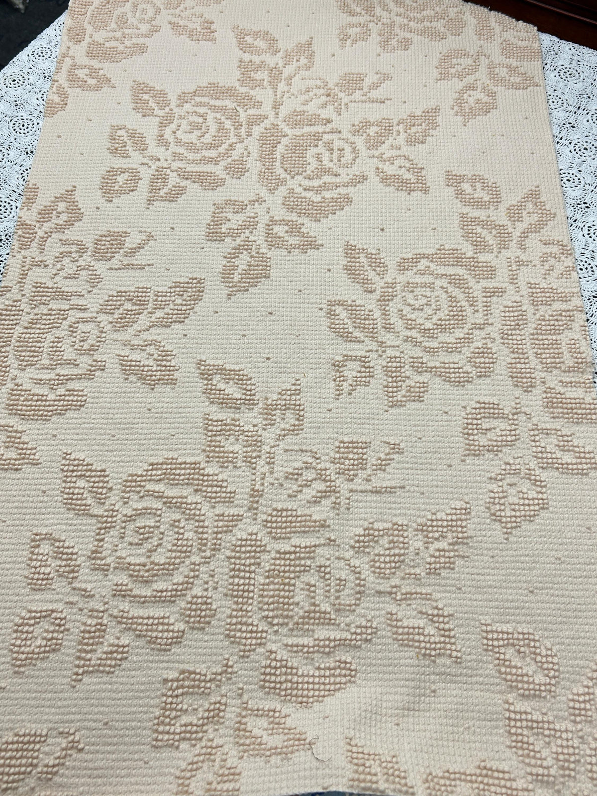 Neutral Vintage Chenille Fabric, Autumn Wheat Cabbage Roses & Dots, 18x28" Piece