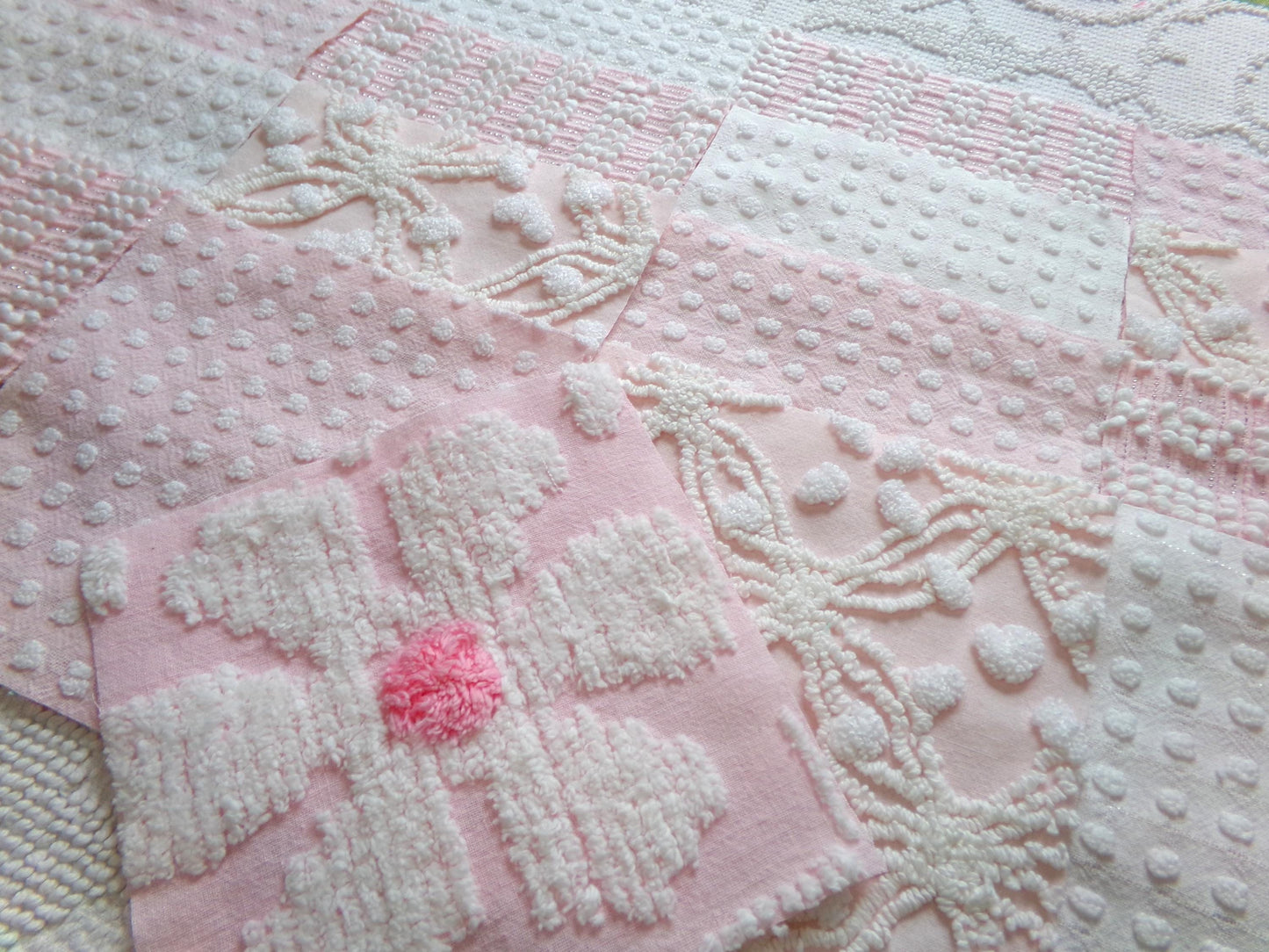 peaceful pinks vintage 6" chenille fabric squares, set of 17 vintage cottage chic quilt blocks for quilting, sewing & crafts