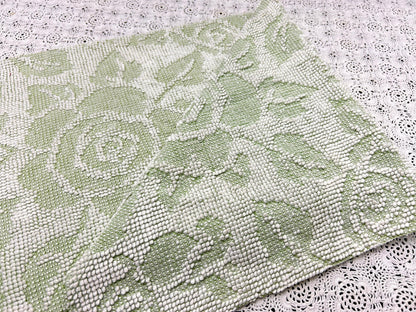 Vintage Sage Green Chenille Fabric, White Cabbage Rose 25x30" Pc