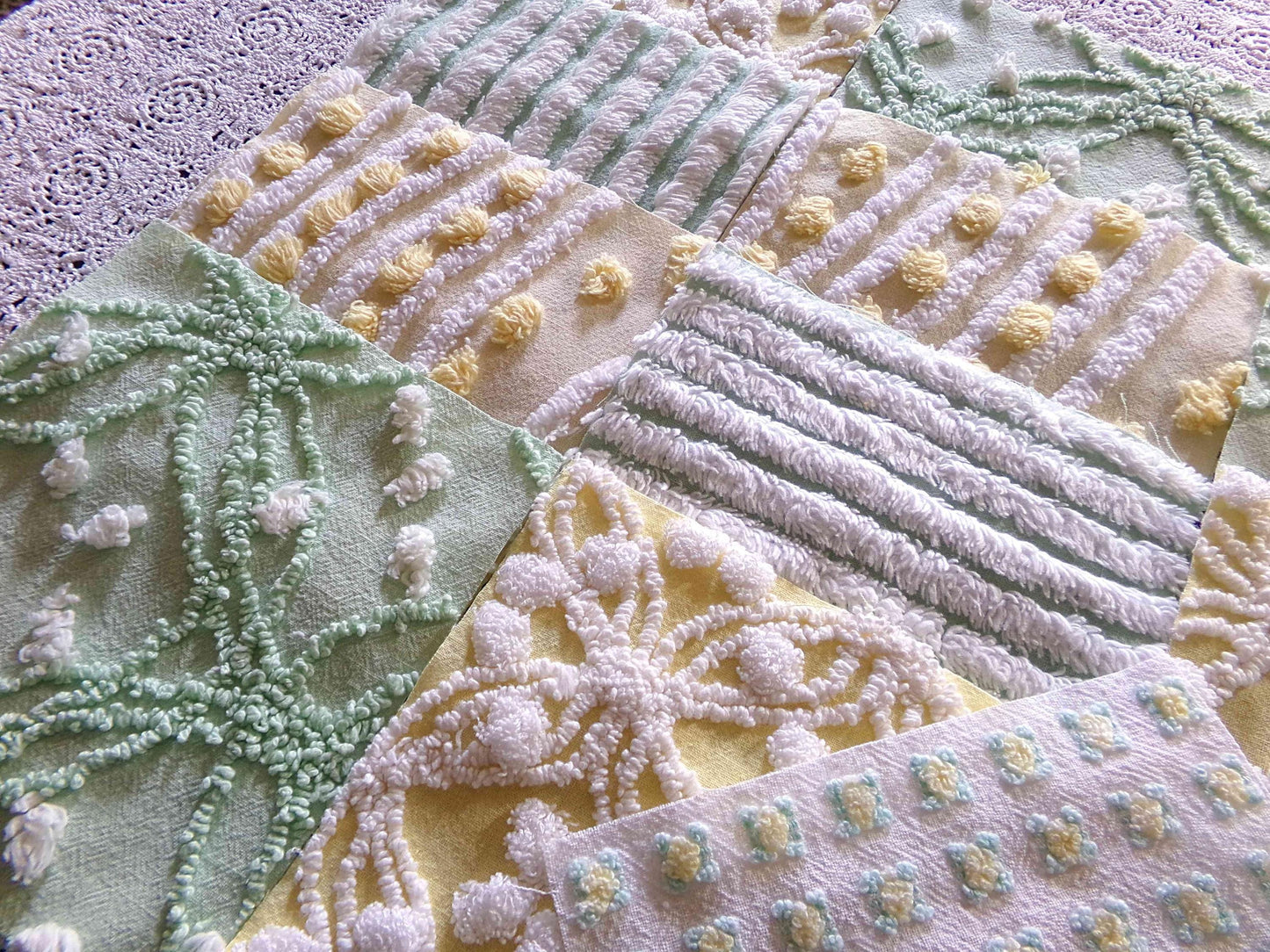 Fern & Flora Vintage Chenille Fabric Squares Set of 17 Blocks, 6" inch ea, Cheery Stripes, Dots Geometric Designs