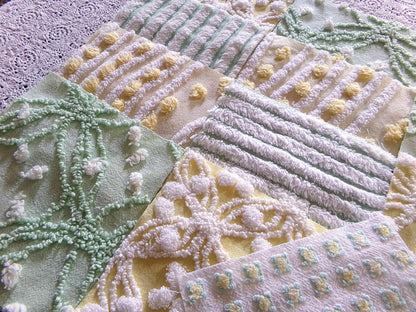Fern & Flora Vintage Chenille Fabric Squares Set of 17 Blocks, 6" inch ea, Cheery Stripes, Dots Geometric Designs