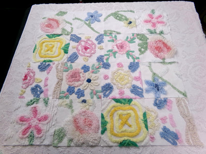Vintage Chenille Fabric Squares Set of 16 Summer Wildflowers Floral Coordinating Quilt Blocks 6x6"