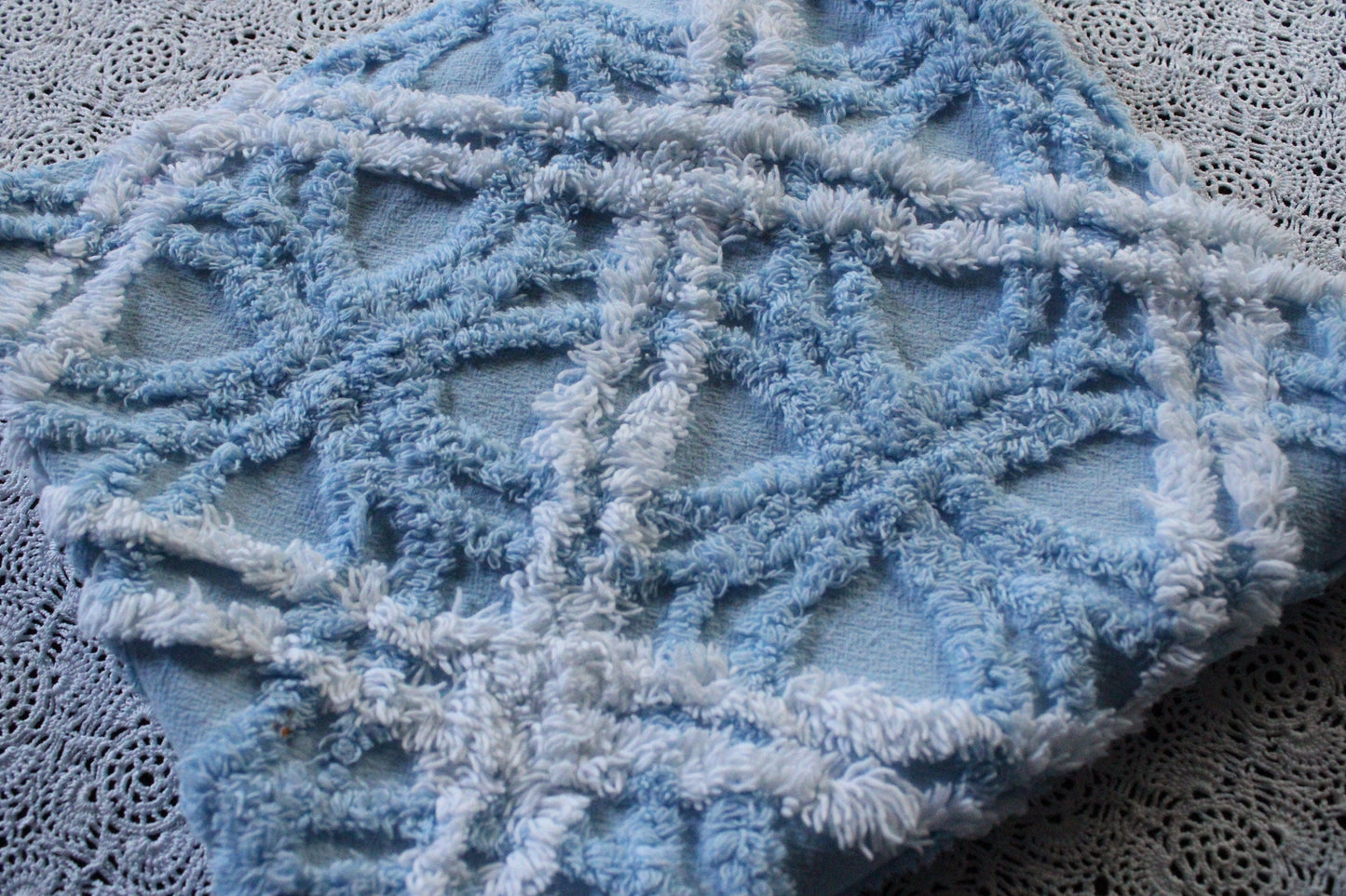 Breezy Coastal Vintage Style Chenille Fabric, 21" x 22" Inch Piece, Plush Sky Blue & White Geometric