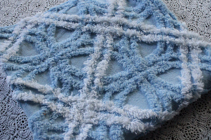 Breezy Coastal Vintage Style Chenille Fabric, 21" x 22" Inch Piece, Plush Sky Blue & White Geometric