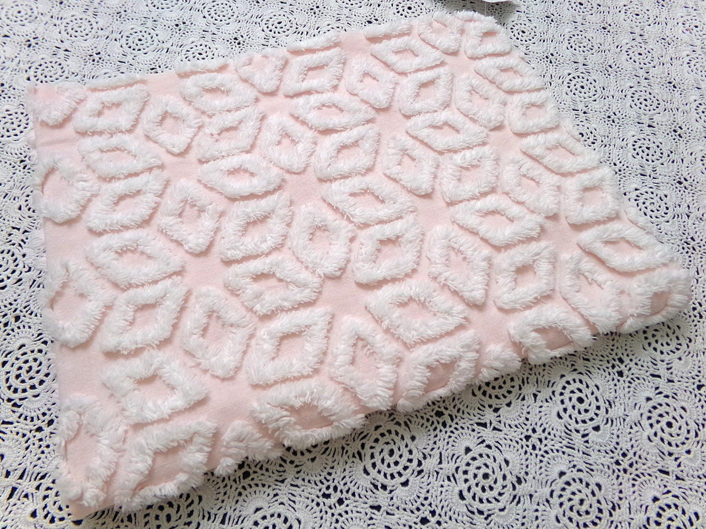 Whisper Pink & White Vintage Chenille Fabric Piece 18x24" Wedge Snowflakes