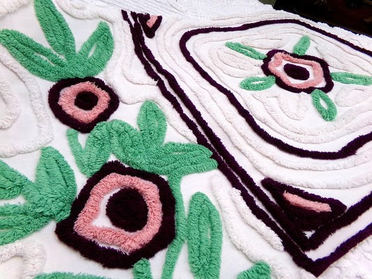 Vintage Chenille Fabric, Shabby Berry Mauve Blooms 19" x 30" Piece Sewing Craft Material