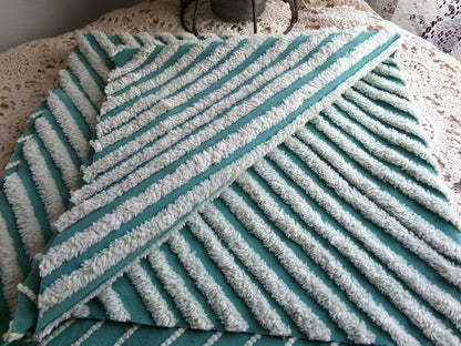 eyecatching plush stripes vintage chenille fabric, tonal green diagonal striped lines, 22" x 25" inch piece of sewing quilt material