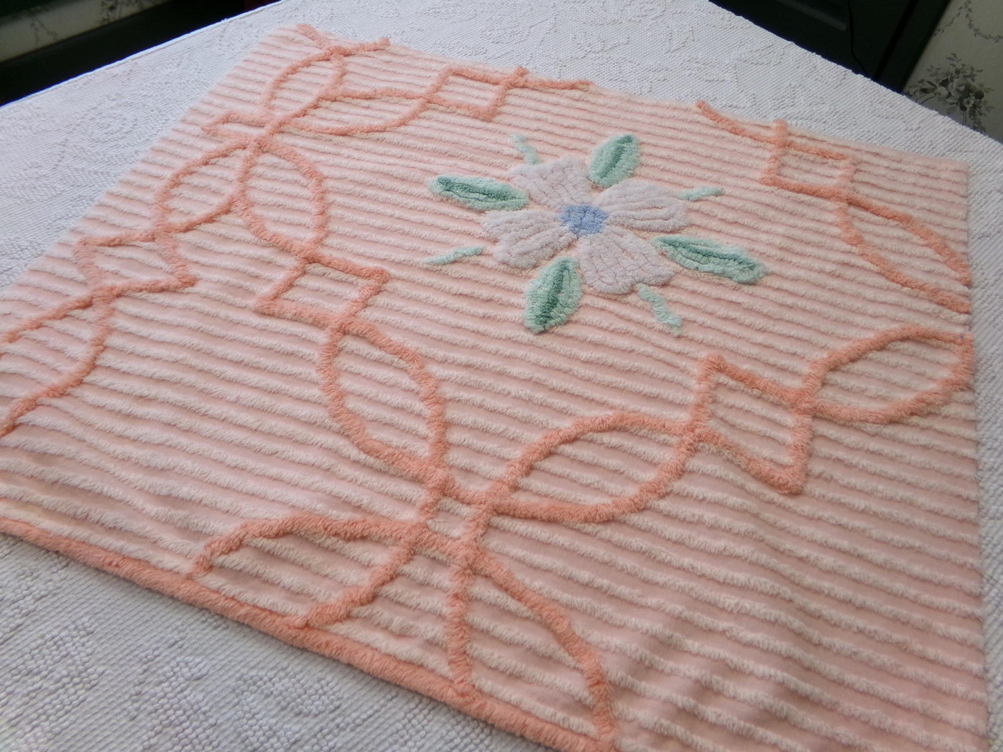 peach lily vintage chenille fabric w/ striking geometric accents, 20" x 24" piece of sewing material