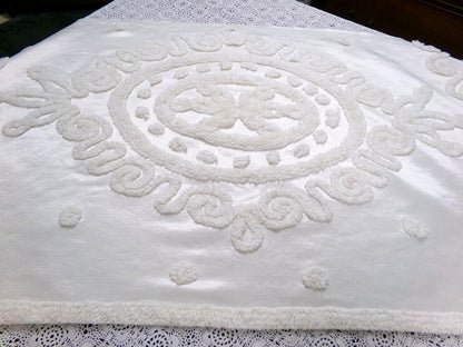 Romantic White Vintage Satin Chenille Bedspread Fabric, Shabby Large Medallion 38x20"