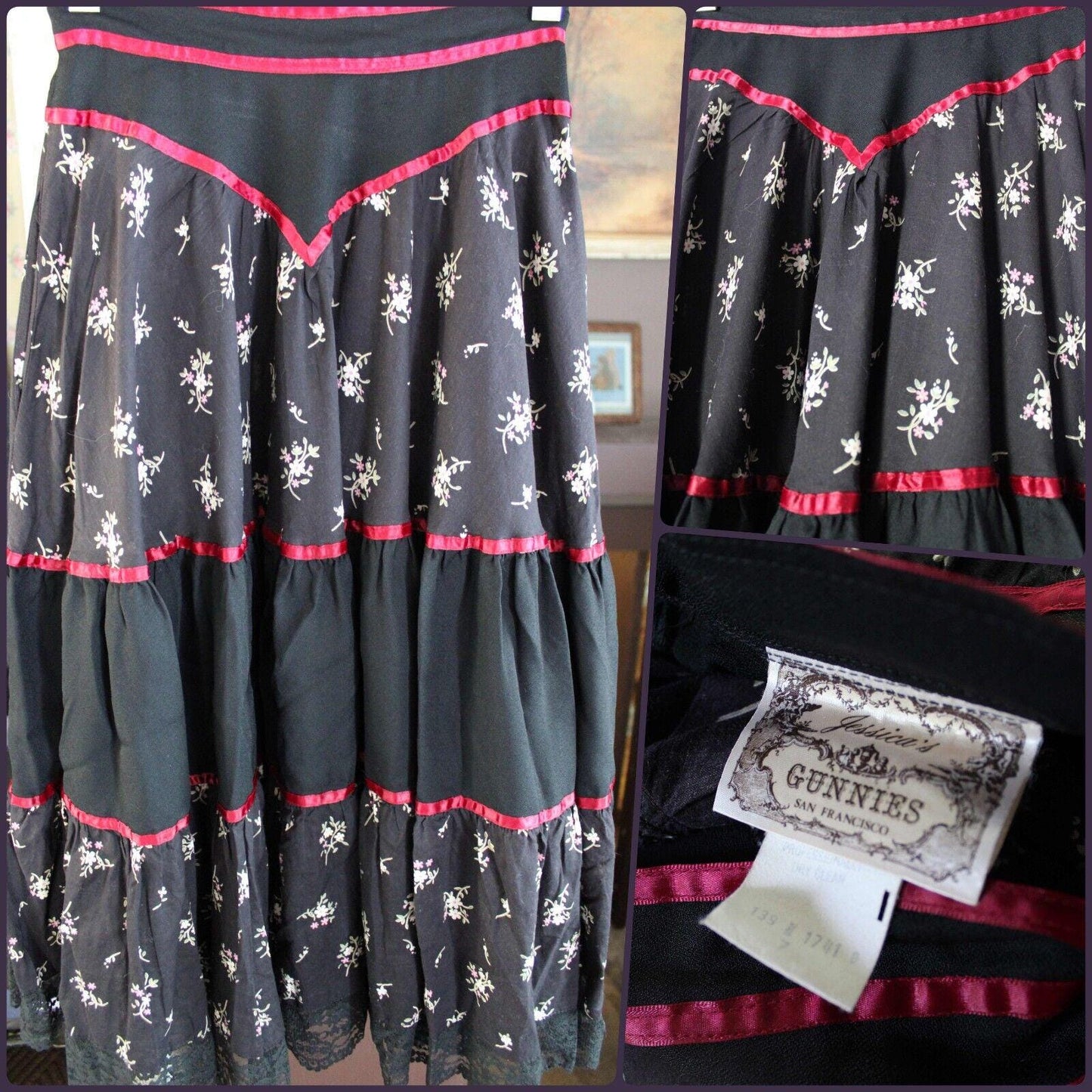 Dark Cottagecore Vtg Clothing Lot: 2 Prairie Dress, 1 Gunne Sax Boho Black Skirt
