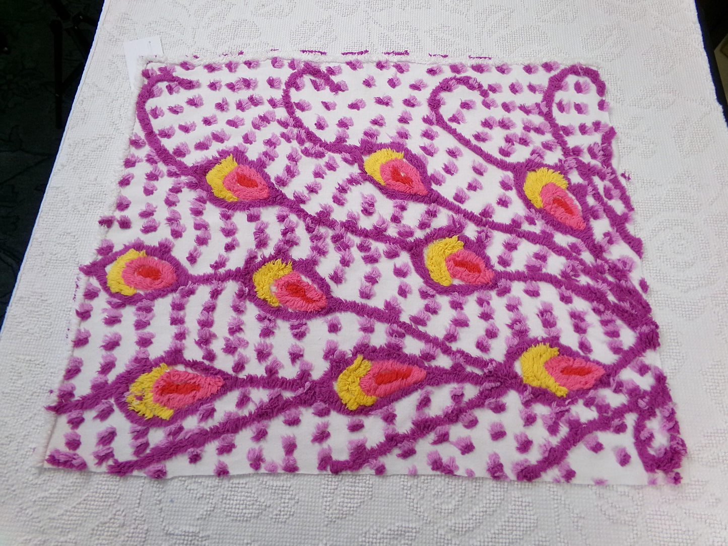 dazzling peacock feathers vintage chenille bedspread fabric 20" x 23"