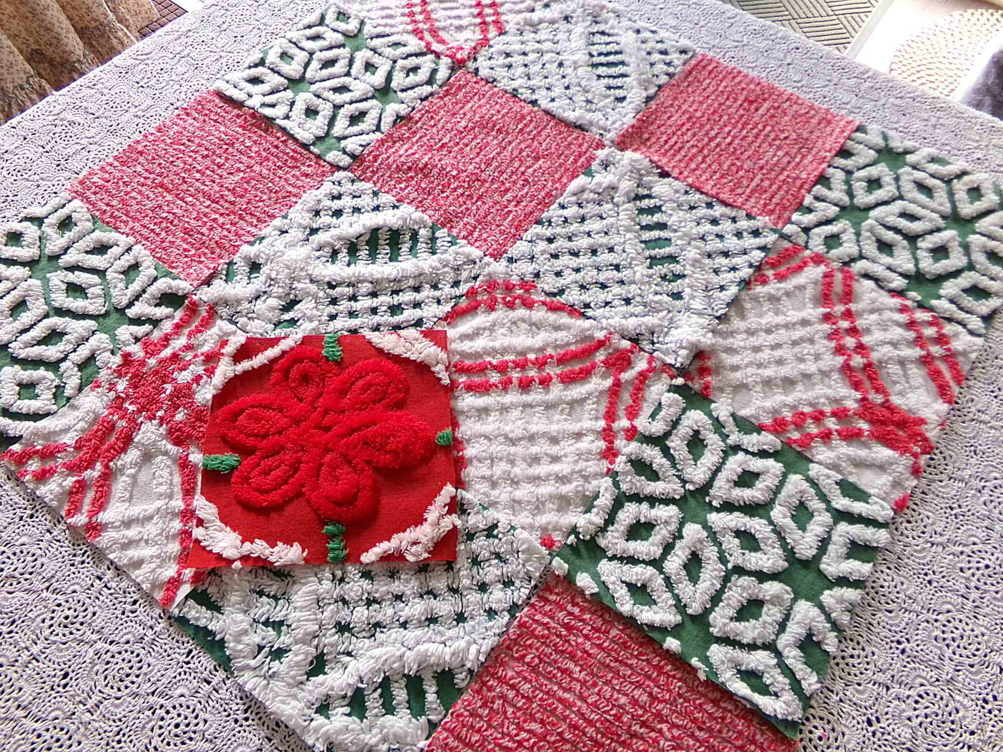 Vintage ChristmasChenille Fabric Squares, Set of 17 Festive Red, White & Green 6" Cotton Quilt Blocks