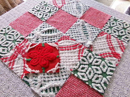 Vintage ChristmasChenille Fabric Squares, Set of 17 Festive Red, White & Green 6" Cotton Quilt Blocks