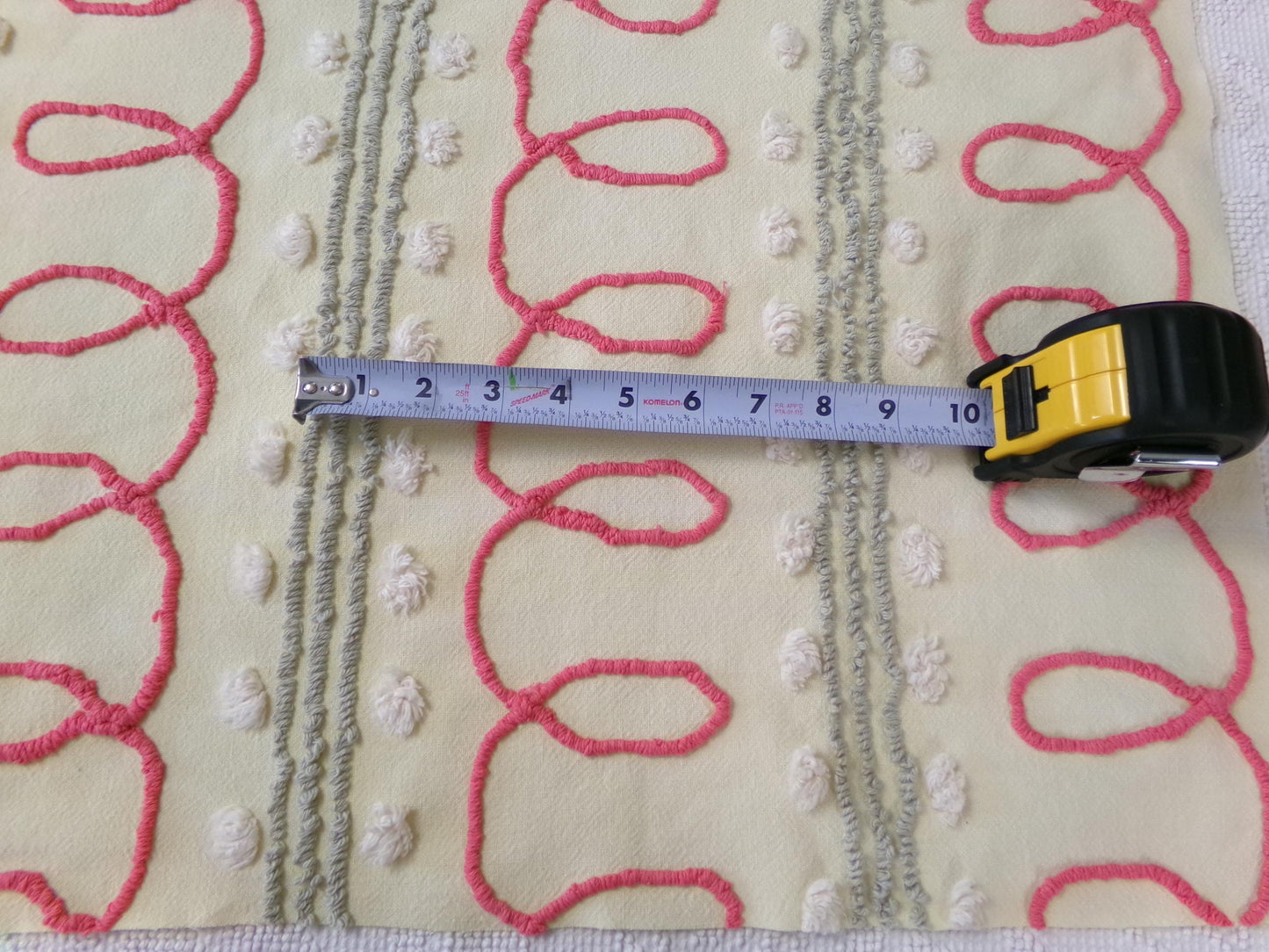 doodle dots vintage chenille bedspread fabric, yellow & red quilt sewing material, 23" x 21" piece