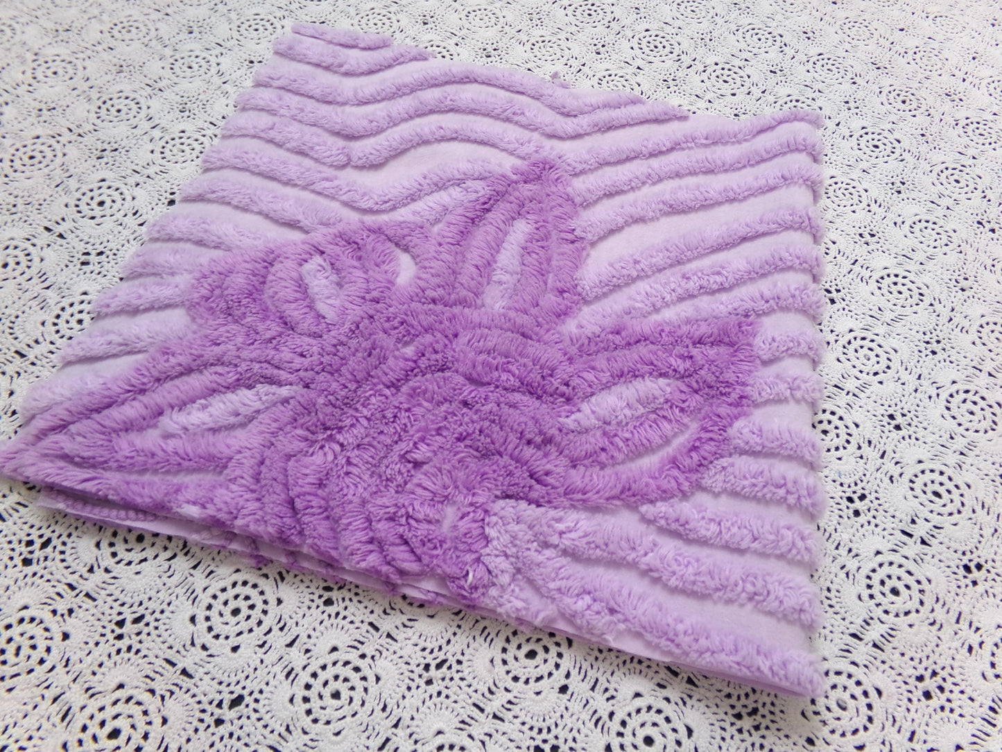 Lilac Floral Vintage Chenille Bedspread Fabric Piece 10.75x22" Plush Sewing Material