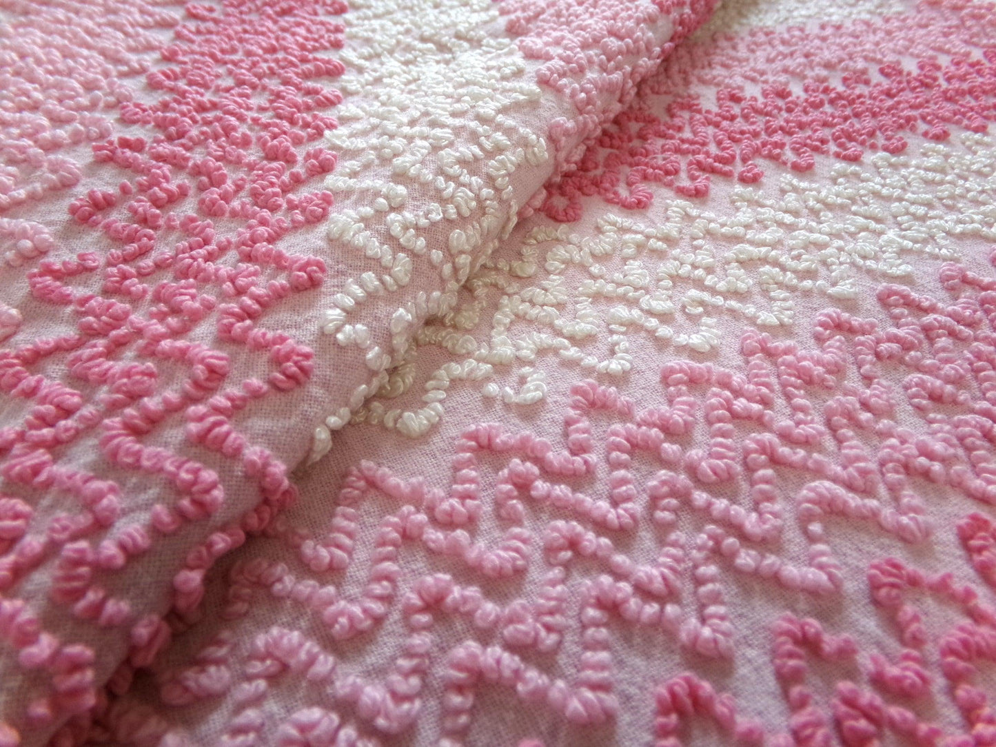 Pink Vintage Chenille Bedspread Fabric, Zig Zag Texture, 15" x 23" piece