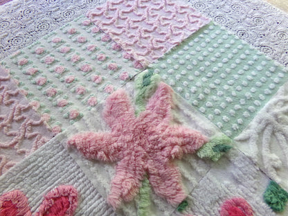 chenille 6" fabric squares, set of 16 vintage quilt blocks in joyful springtime colors of pink, green & white floral and geometric