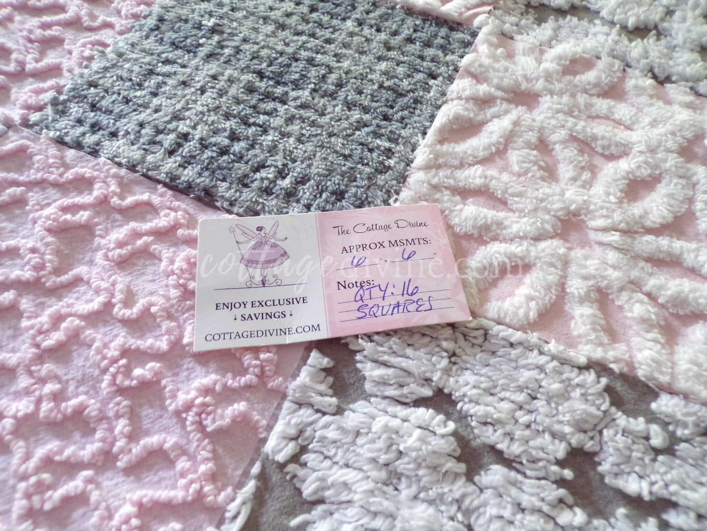 vintage 6" chenille fabric squares, set of 16 sophisticated grey & pink quilt blocks