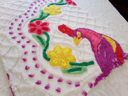 colorful peacock vintage chenille fabric piece, 19" x 25" panel, great for wallhanging or quilt inlay