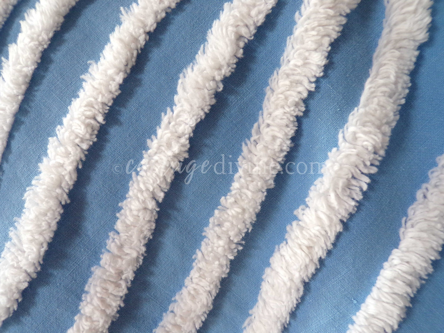 Gentle Waves Vintage Chenille Quilt Fabric, 26" x 16.5" Piece, 100% Cotton White Tufting on Blue