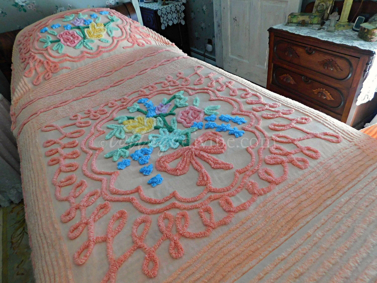 Romantic Vintage Chenille Bedspread, Spring Flowers on Old Fashioned Peach, Full Size 100% Cotton Summer Coverlet