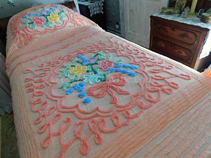 Romantic Vintage Chenille Bedspread, Spring Flowers on Old Fashioned Peach, Full Size 100% Cotton Summer Coverlet